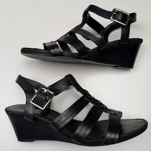 Franco Sarto Black Leather Wedge Sandal Caged Strappy Minimalist Chic Size 8.5M